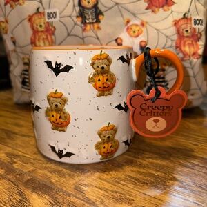 Halloween Mug - Orange and White with cute teddy bears in a pumpkin costume bats
